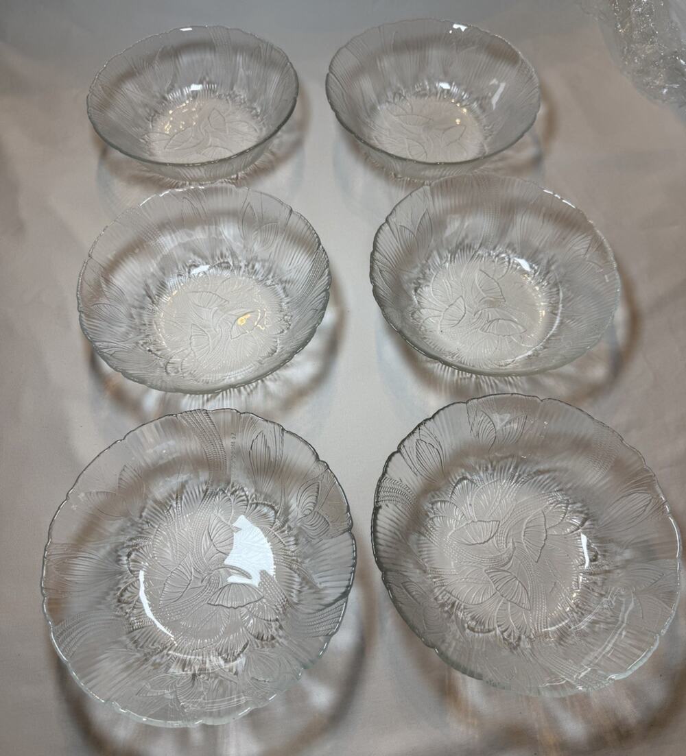 Arcoroc antique Clear Glass Shiny Floral Round Dessert Bowls Set of 6 Adults